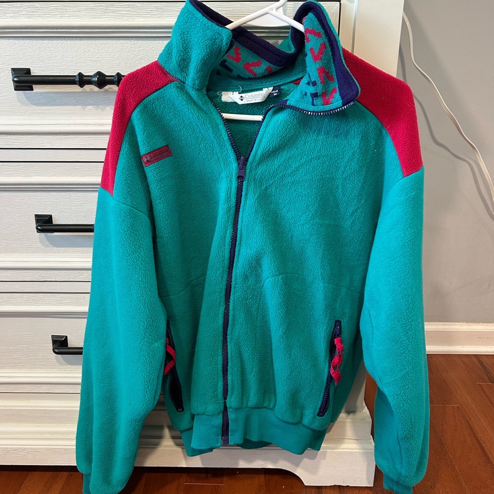 Columbia Teal and Red Fleece Jacket vintage and rare!